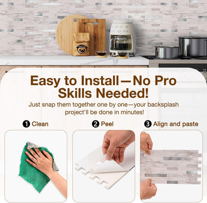 Peel and Stick Backsplash Tile Waterproof Removable PVC Wall Sticker 3D Faux Stone Marble Brick White Accent Panels (White Marble - Metal Silver, 20 Tiles - 9 sq. ft. (0.84 M²))