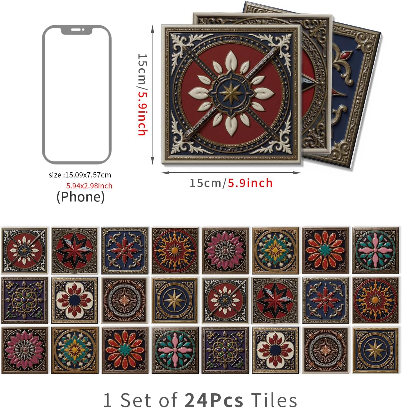 Peel and Stick Backsplash Tile Sticker for Kitchen and Bathroom Walls - 24 Removable 5.9"x5.9" Tiles, Waterproof