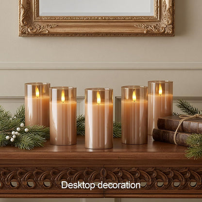 5plots Glass Battery Operated White Flameless Candles with Remote Timer, 3D Wick Real Wax Pillar Led Candles Warm Flickering Light for Indoor Home, Halloween, Christmas Decor, Set of 3, D3 x H4 5" 6"