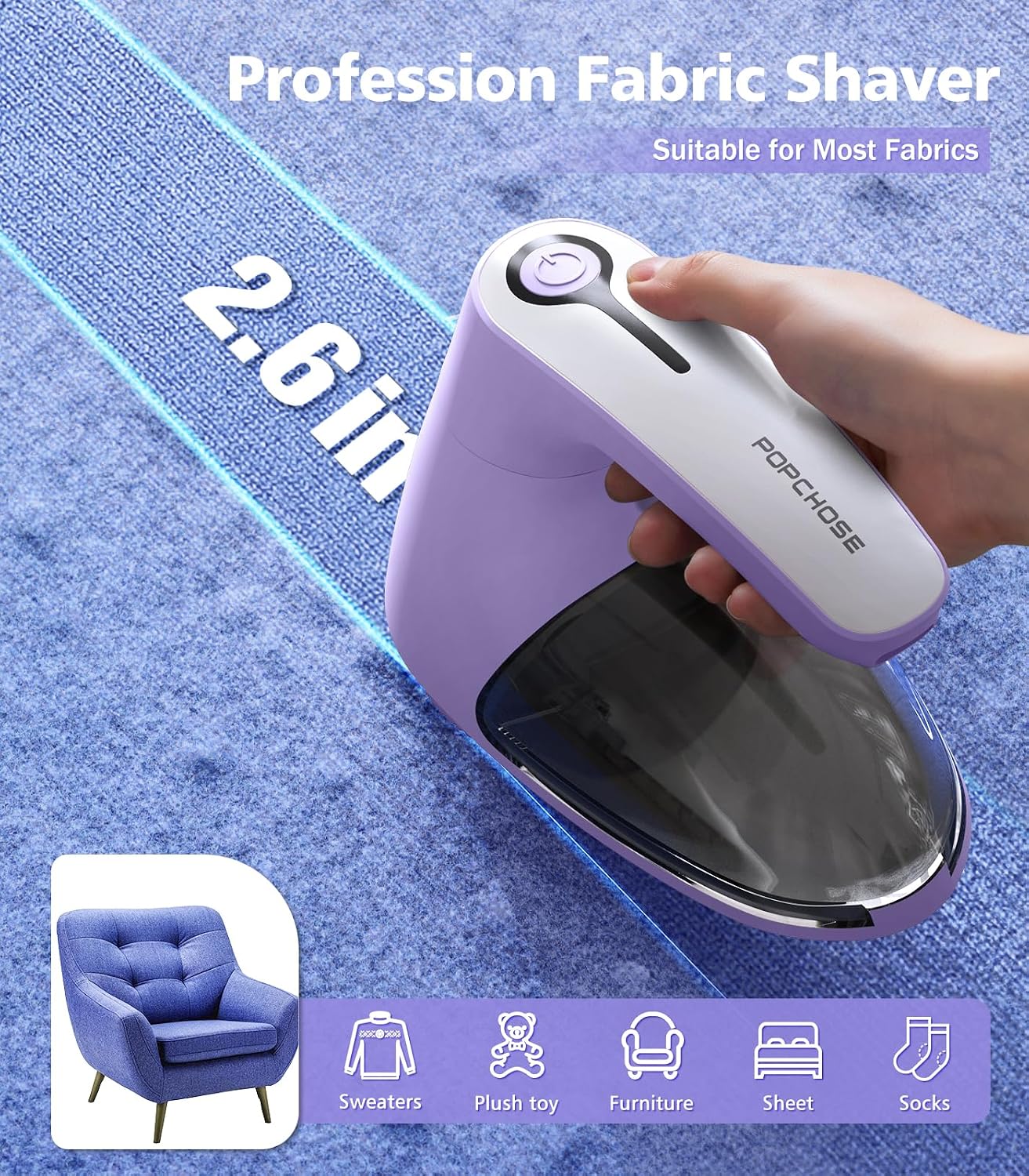POPCHOSE Fabric Shaver, Lint Remover for Clothes, Lint Shaver with 6-Leaf Blades & 2 Speed, 2000mAh Rechargeable, Sweater Shavers to Remove Pilling, Electric Lint Remover for Couch, Furniture, Fuzz