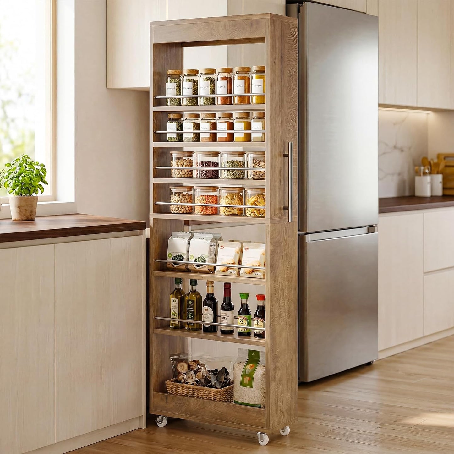 Tribesigns 73" Tall Slim Storage Cart on Wheels, 7-Tier Narrow Pantry Cabinet, Rolling Skinny Spice Rack Organizer Next to Fridge, Wooden Pull-Out Storage Shelf for Kitchen Small Spaces, White