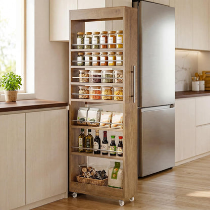 Tribesigns 73" Tall Slim Storage Cart on Wheels, 7-Tier Narrow Pantry Cabinet, Rolling Skinny Spice Rack Organizer Next to Fridge, Wooden Pull-Out Storage Shelf for Kitchen Small Spaces, White