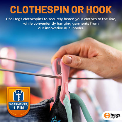 Hegs 24 Pack Multi-Color - The Smartest Heavy Duty Clothespins with Hooks - Hang 3 Garments at Once with Our Tough, Dual Hooks Clothes Pins with Anti-Rust Spring - Durable, Colorful Clothespins