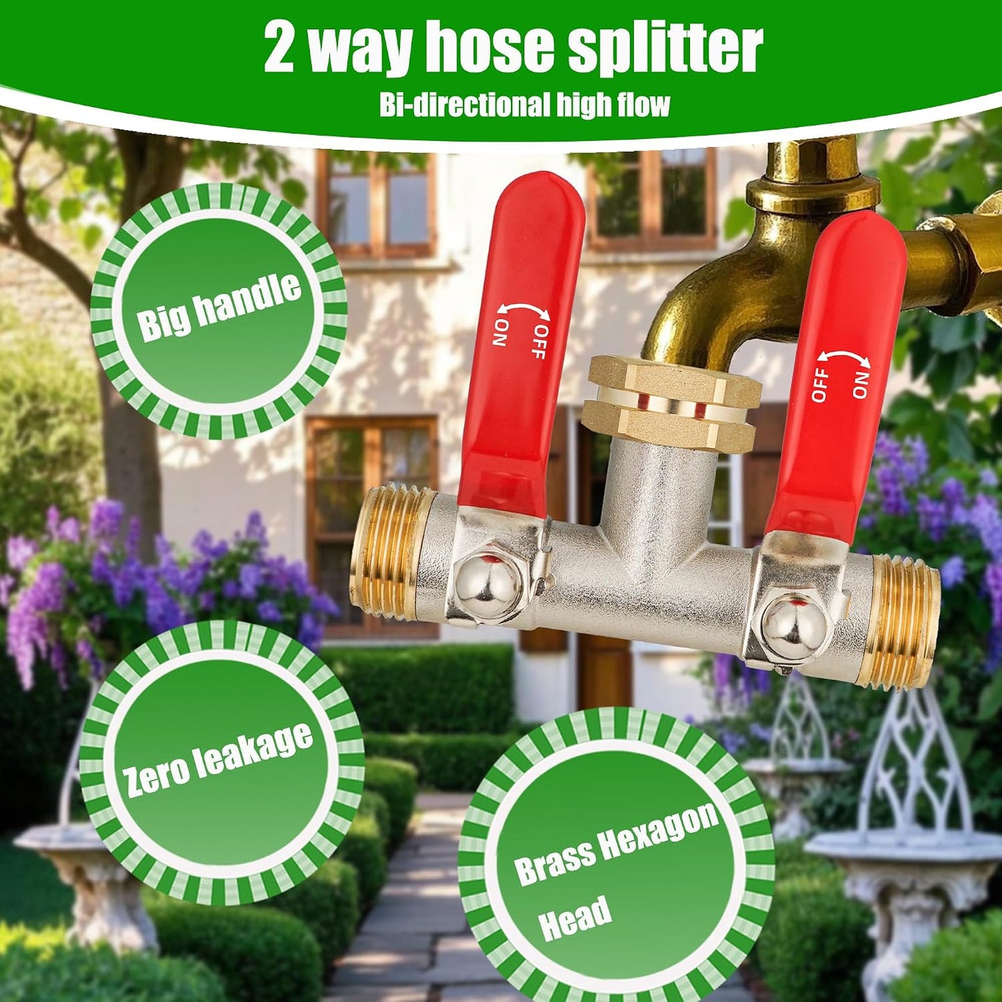 EJW Hose Splitter 2 Way, Garden Hose Splitters, 2 Way Faucet Splitter, Water Spigot Splitter, RV Brass Hose Splitter, Two way Hose Bib Splitter, Double Hose Connector, Hose Valve 3/4 Inch GHT Thread.