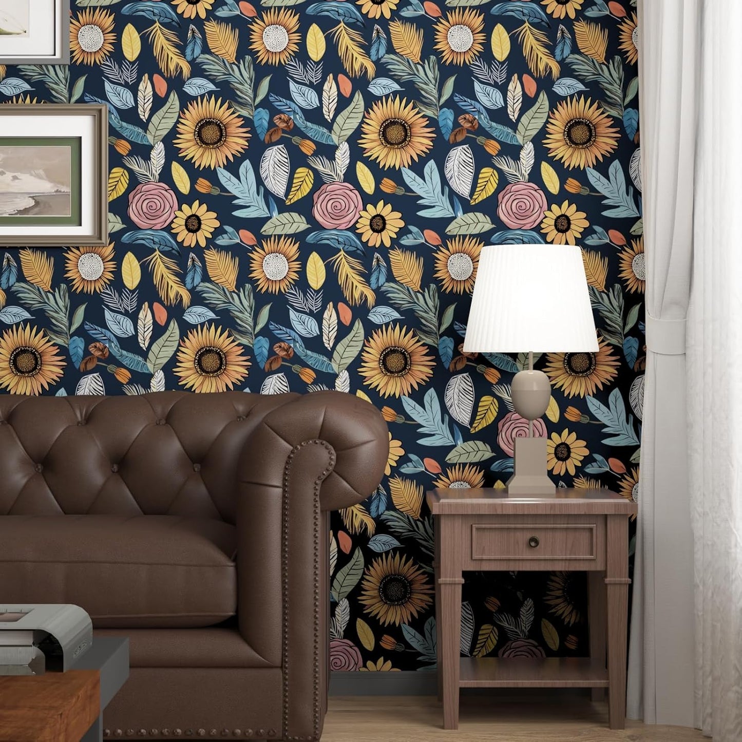 Blue Wallpaper Peel and Stick,Vintage Boho Floral Contact Paper 17.5" x 118", Retro Botanical Flower Wall Paper Self Adhesive Removable Waterproof for Walls Shelves Cabinet Table (Blue,Yellow, Green)
