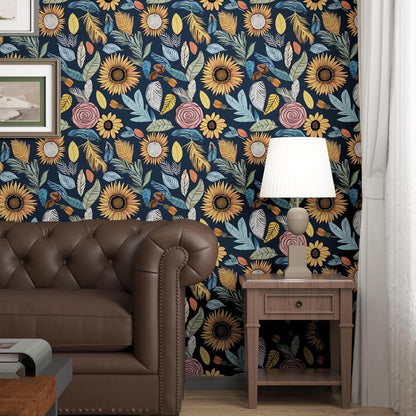 Blue Wallpaper Peel and Stick,Vintage Boho Floral Contact Paper 17.5" x 118", Retro Botanical Flower Wall Paper Self Adhesive Removable Waterproof for Walls Shelves Cabinet Table (Blue,Yellow, Green)