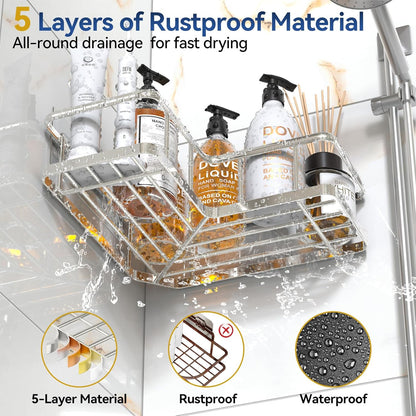 YASONIC Corner Shower Caddy, 5-Pack Adhesive Rustproof Stainless Steel Shower Organizer with Soap Holder, No Drilling Shower Shelf for Inside Shower, Dorm, Renters, Black