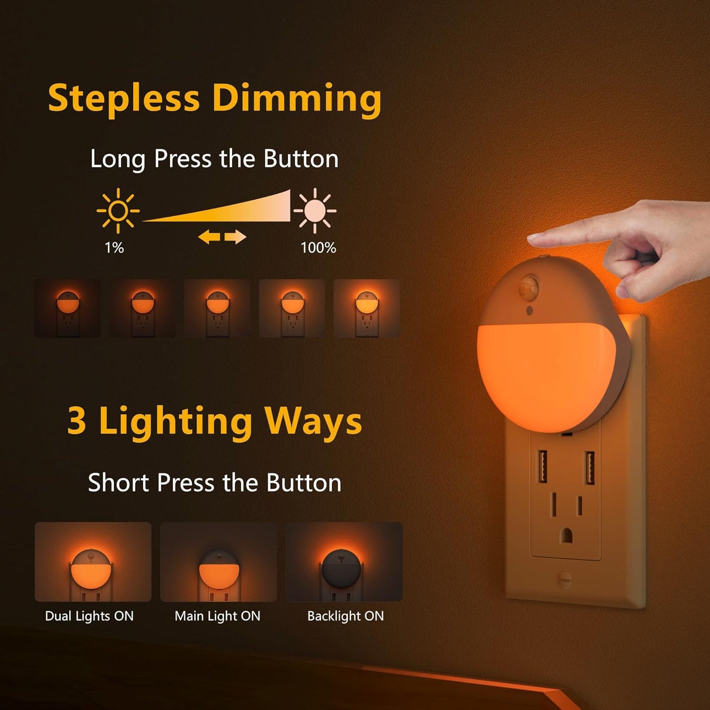 YUNLEX 2 Pack Plug in Night Light with Motion Sensor and Dusk to Dawn Sensor, Stepless Dimming, Warm White LED Nightlight with 3 Lighting Ways for Bathroom, Bedroom, Kitchen, for Kids, Adults