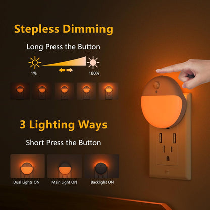 YUNLEX 2 Pack Plug in Night Light with Motion Sensor and Dusk to Dawn Sensor, Stepless Dimming, Warm White LED Nightlight with 3 Lighting Ways for Bathroom, Bedroom, Kitchen, for Kids, Adults