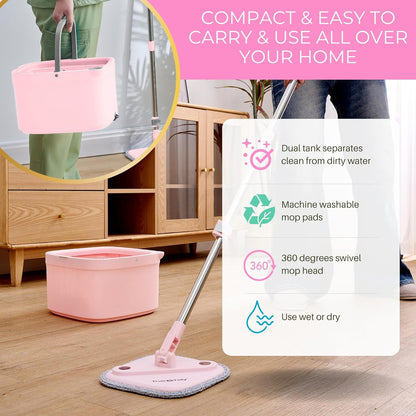 TRUE & TIDY Square Spin Mop & Bucket System – Dual Chamber for Clean & Dirty Water, 360° Rotating Self-Wringing Mop with Built-in Scrub Brush, Stainless Steel Handle & 2 Reusable Microfiber Mop Pads