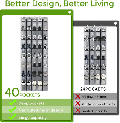 Over the Door Shoe Organizer with 40 Large Breathable Mesh Pockets, Space Saving Shoe Holder, Hanging Shoe Rack for Entryway Bedroom Closet Storage (White, 40 Pockets)