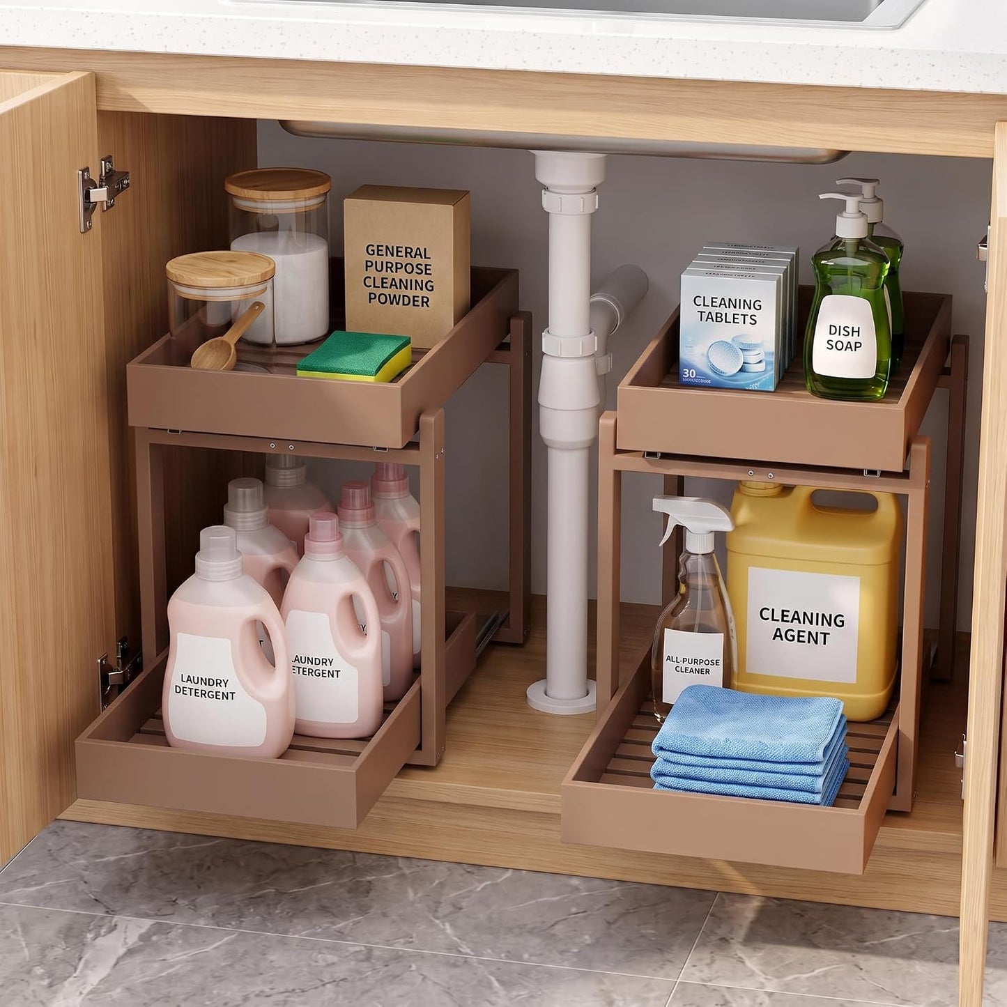 Bamboo Under Sink Organizer and Storage, 2 Pack Pull Out Cabinet Organization, 2 Tier Vertical Slide Out Undersink Storage Shelf, Multi-Purpose Organizer Shelves for Kitchen Bathroom Medicine