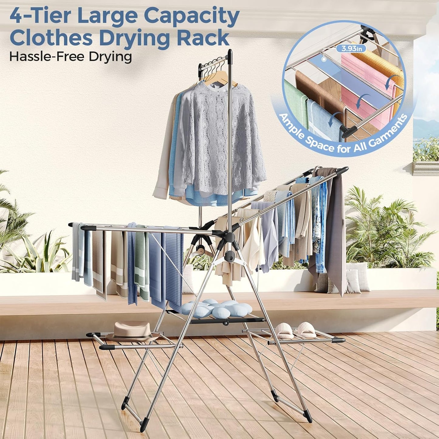 APEXCHASER Clothes Drying Rack with High Hanger, Foldable 3-Level Drying Racks with Shoe Rack, Crossbar and Vertical Rod Laundry Stand with Adjustable Wings Silver