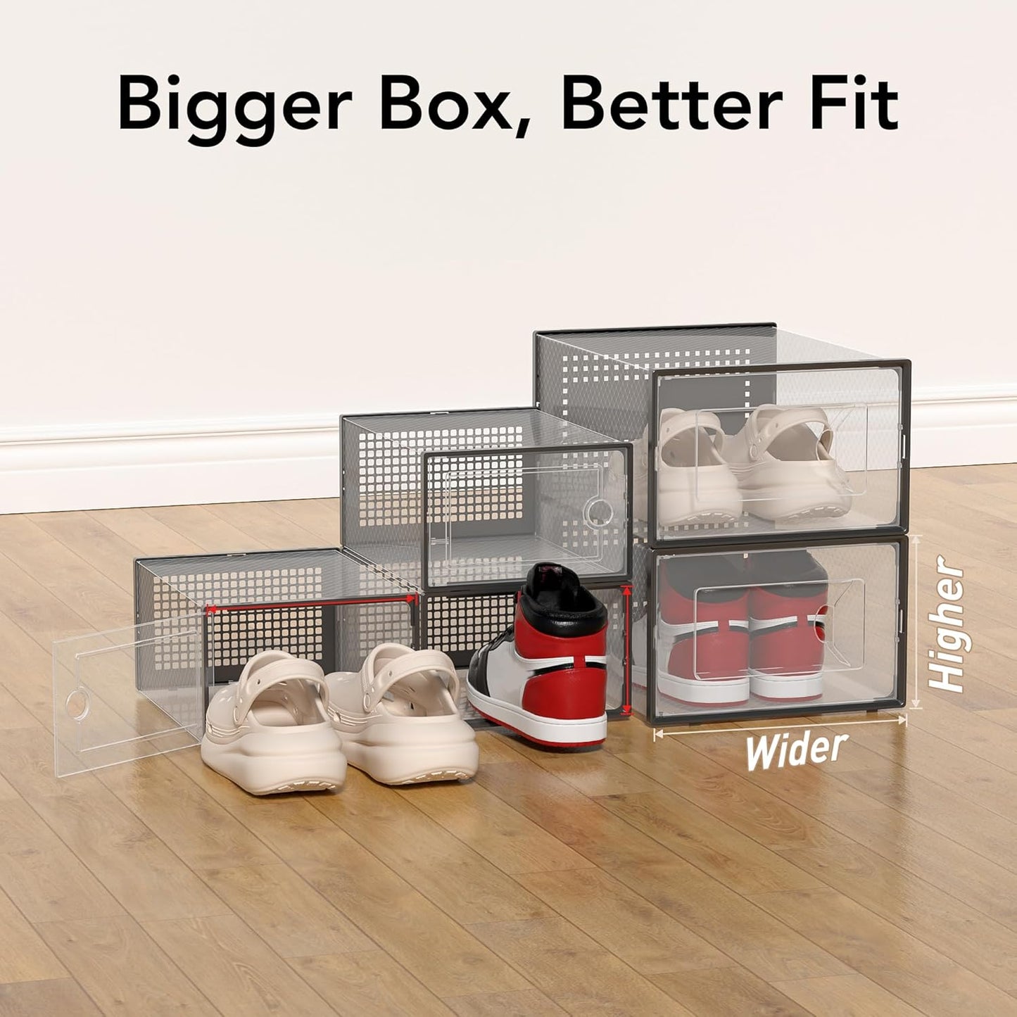 Foluck X-Large 15 Pack Shoe Storage Organizer Box Clear Plastic Stackable | Interlocking Design, Sturdy Dustproof Breathable, Fits Men's Size 10 Women's Size 11, for Closet Entryway Under Bed