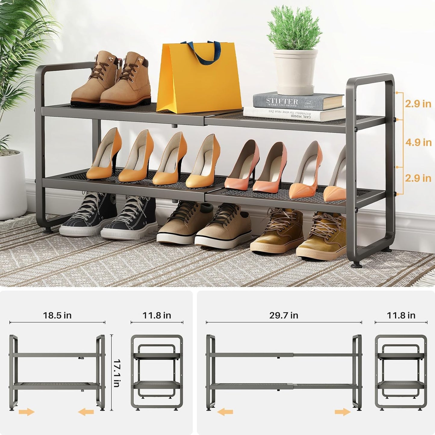 SNTD Shoe Rack - Expandable Shoe Organizer for Closet, Adjustable Metal Shoe Shelf Storage, Stackable Long Shoe Stand Holder for Garage, Entryway, Door Entrance (Black, 2-Tier)