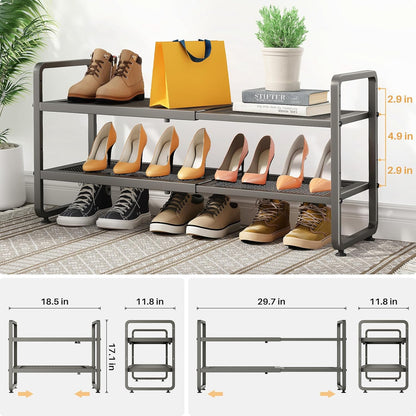 SNTD Shoe Rack - Expandable Shoe Organizer for Closet, Adjustable Metal Shoe Shelf Storage, Stackable Long Shoe Stand Holder for Garage, Entryway, Door Entrance (Black, 2-Tier)