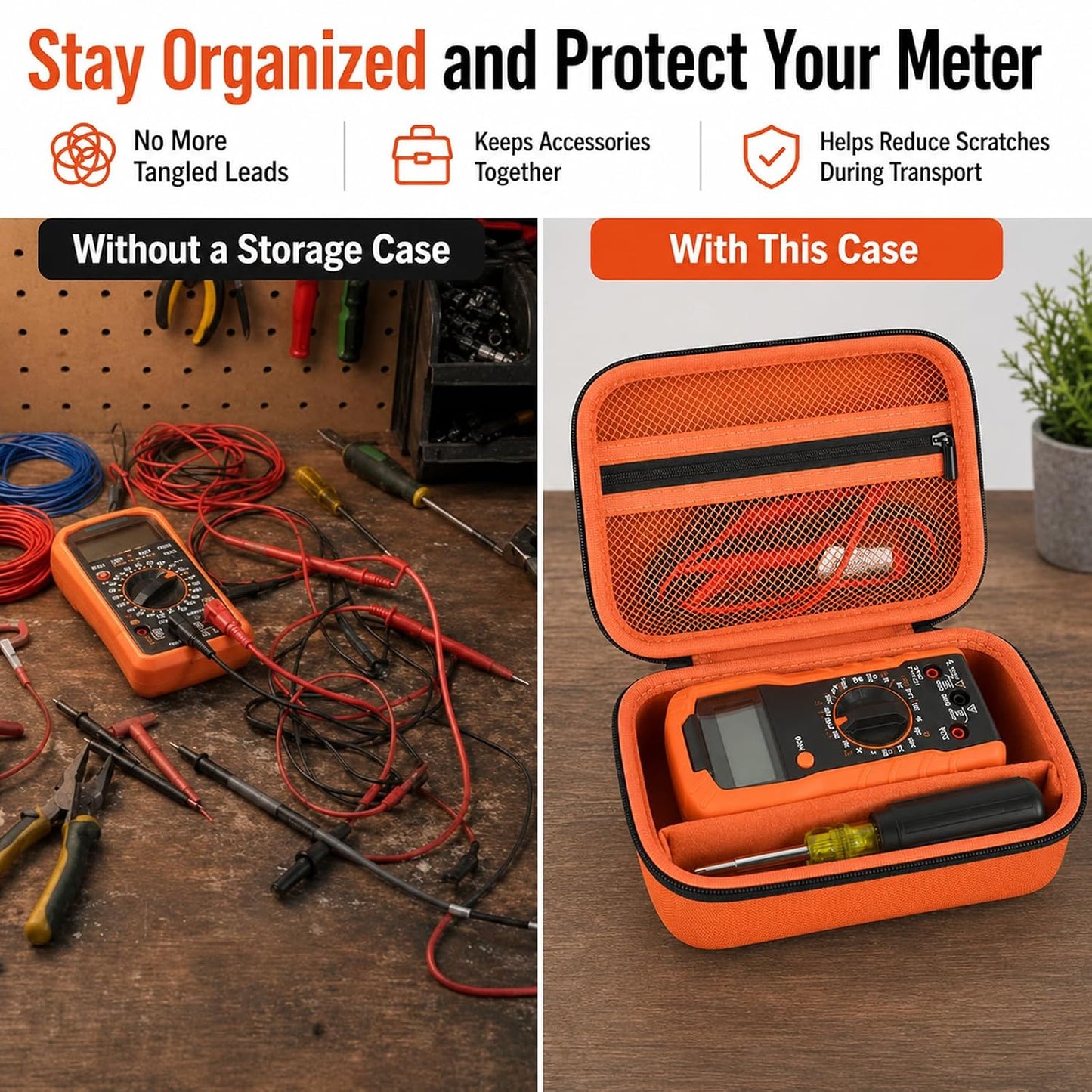 Boobowl Multimeter Case for Klein MM325/MM420/69149P and Fluke 115/117 | Hard EVA Shell, Soft Lining, Removable Divider, Mesh Pocket for Leads and Probes, for Electricians, Black, Case Only