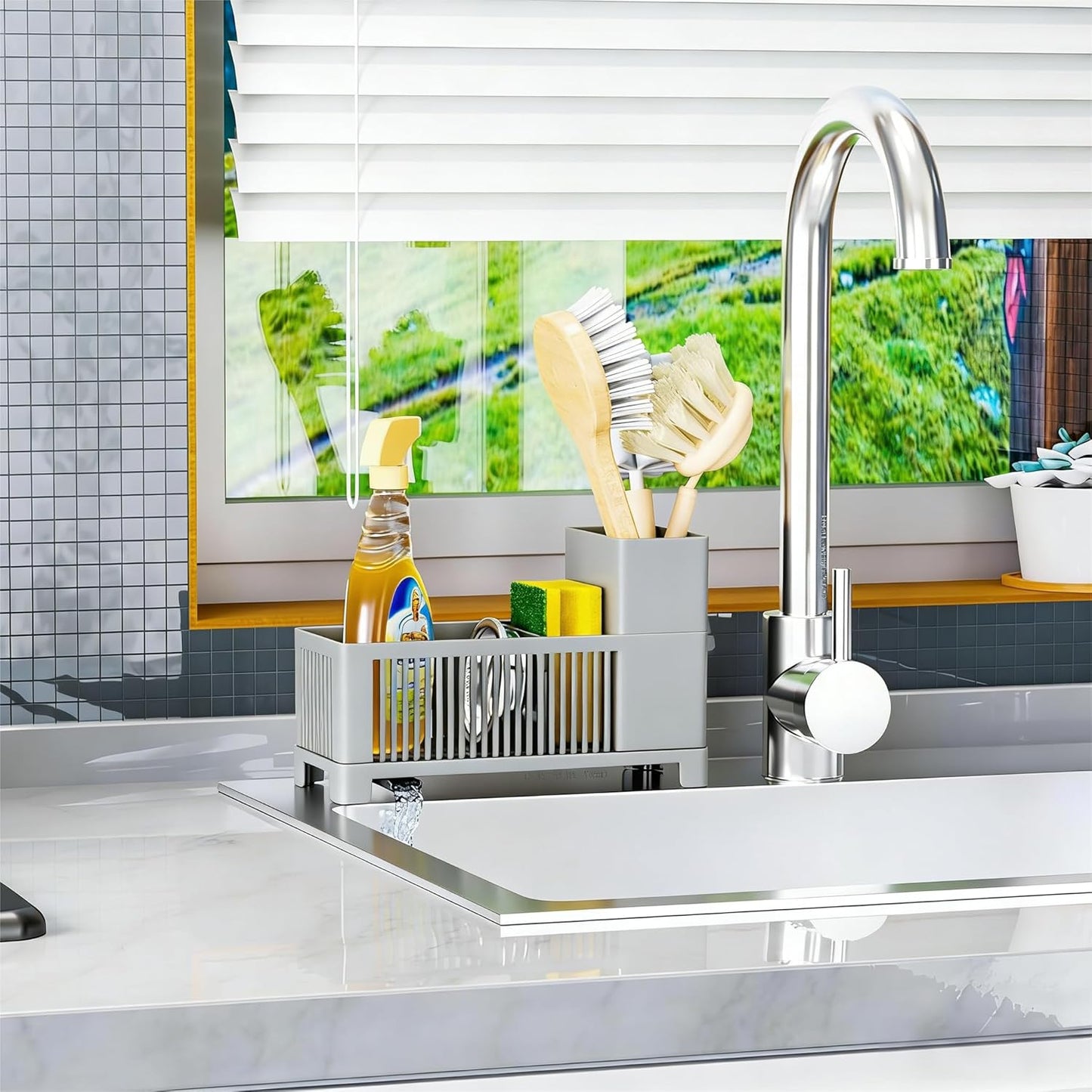 Sink Caddy & Kitchen Sink Organizer,Black Sponge Holder with High Scrub Brush Holder,Plastic Kitchen Countertop Organizer,Multifunctional Sponge Drain Rack,Dish Soap,Dish Sponge Holder,Soap Dispenser