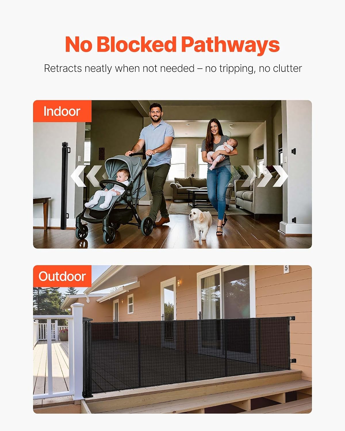 VEVOR Retractable Baby Gate, Extends to 202.7 inch Extra Wide, 39 inch Tall, with Reinforced Fiberglass Strips, Avoids Crawling Through, Mesh Dog Gate for Decks, Doorways, Garages, Indoor, Black