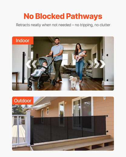 VEVOR Retractable Baby Gate, Extends to 202.7 inch Extra Wide, 39 inch Tall, with Reinforced Fiberglass Strips, Avoids Crawling Through, Mesh Dog Gate for Decks, Doorways, Garages, Indoor, Black