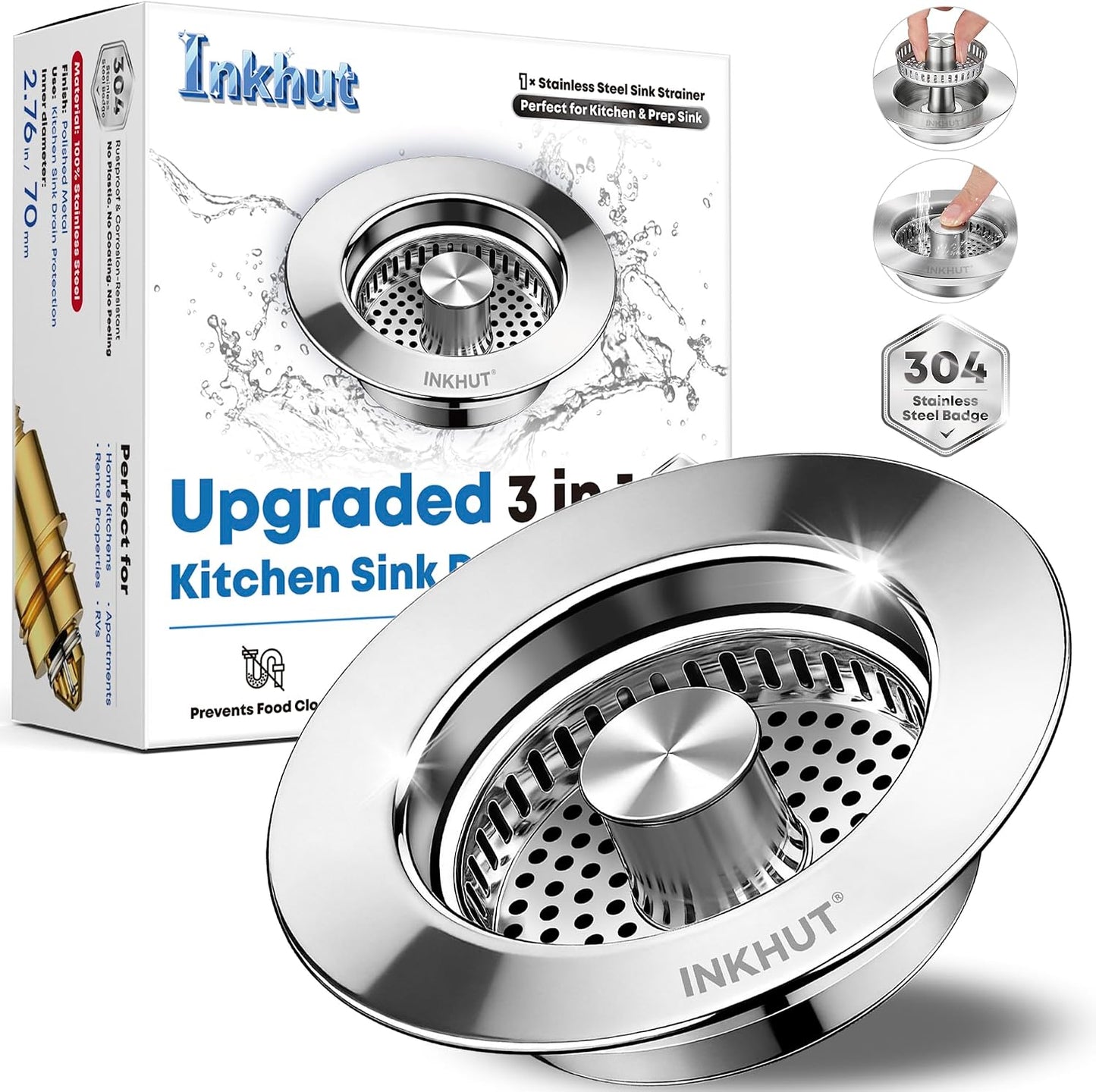 Upgraded 3 in 1 Kitchen Sink Drain Strainer - Stainless Steel Sink Stopper, Anti-Clogging Sink Food Catcher Basket, Fast Drainage Odor Filter Sink Plug for US Standard 3 1/2 inch Drain (Silver-1Pack)