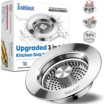 Upgraded 3 in 1 Kitchen Sink Drain Strainer - Stainless Steel Sink Stopper, Anti-Clogging Sink Food Catcher Basket, Fast Drainage Odor Filter Sink Plug for US Standard 3 1/2 inch Drain (Silver-1Pack)