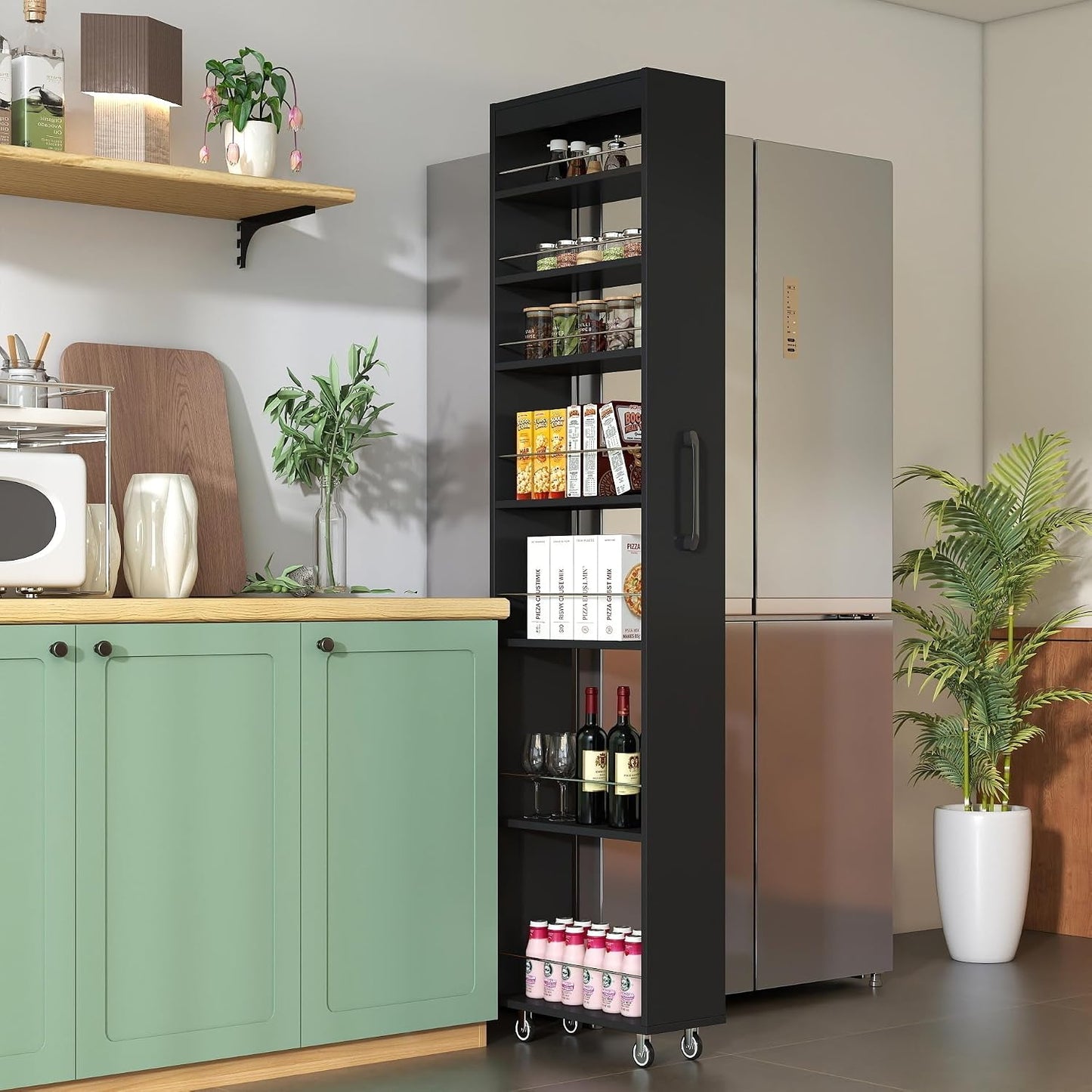 7 Tier Narrow Rolling Storage Cart - Slim Pull-Out for Next to Fridge, Wooden Multi-Functional Kitchen & Laundry Organizer with Open Shelves - Space-Saving Rolling Design, Fits Tight Spaces (White)