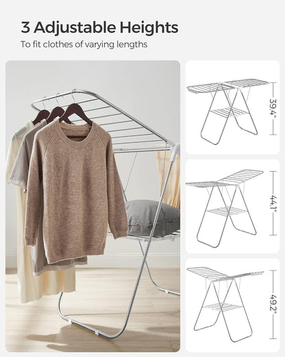 SONGMICS Clothes Drying Rack, with Sock Clips, Metal Laundry Rack, Foldable, Space-Saving, Free-Standing Airer, with 2 Height-Adjustable Gullwings, Indoor Outdoor Use, Gray ULLR052G01