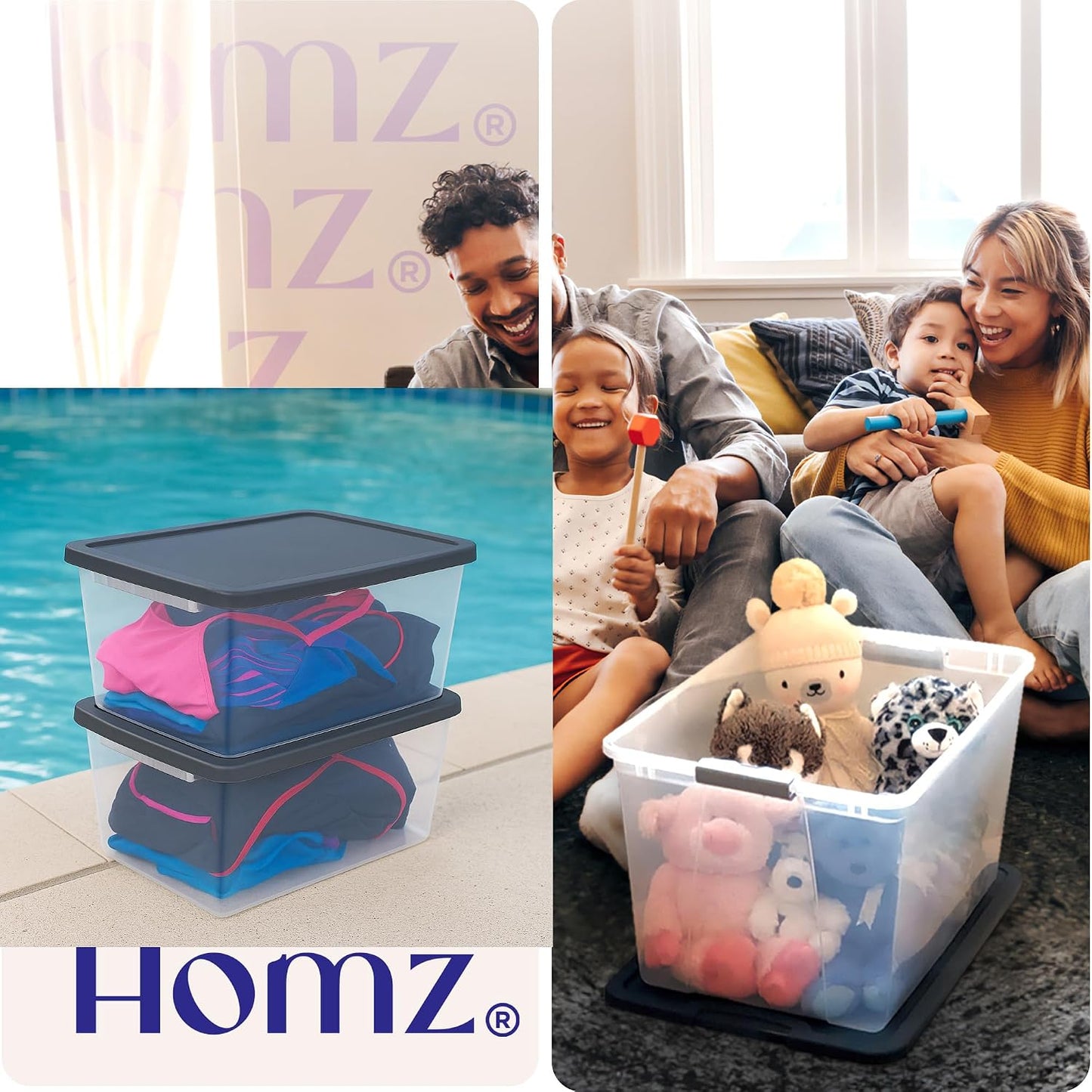 HOMZ 2-Pack Snaplock, Small Clear Plastic Storage Organizer Bins w/ Lids, 28 Quart, Gray - Stackable Container Boxes for Bedroom, Bathroom, Garage, and Office Organization