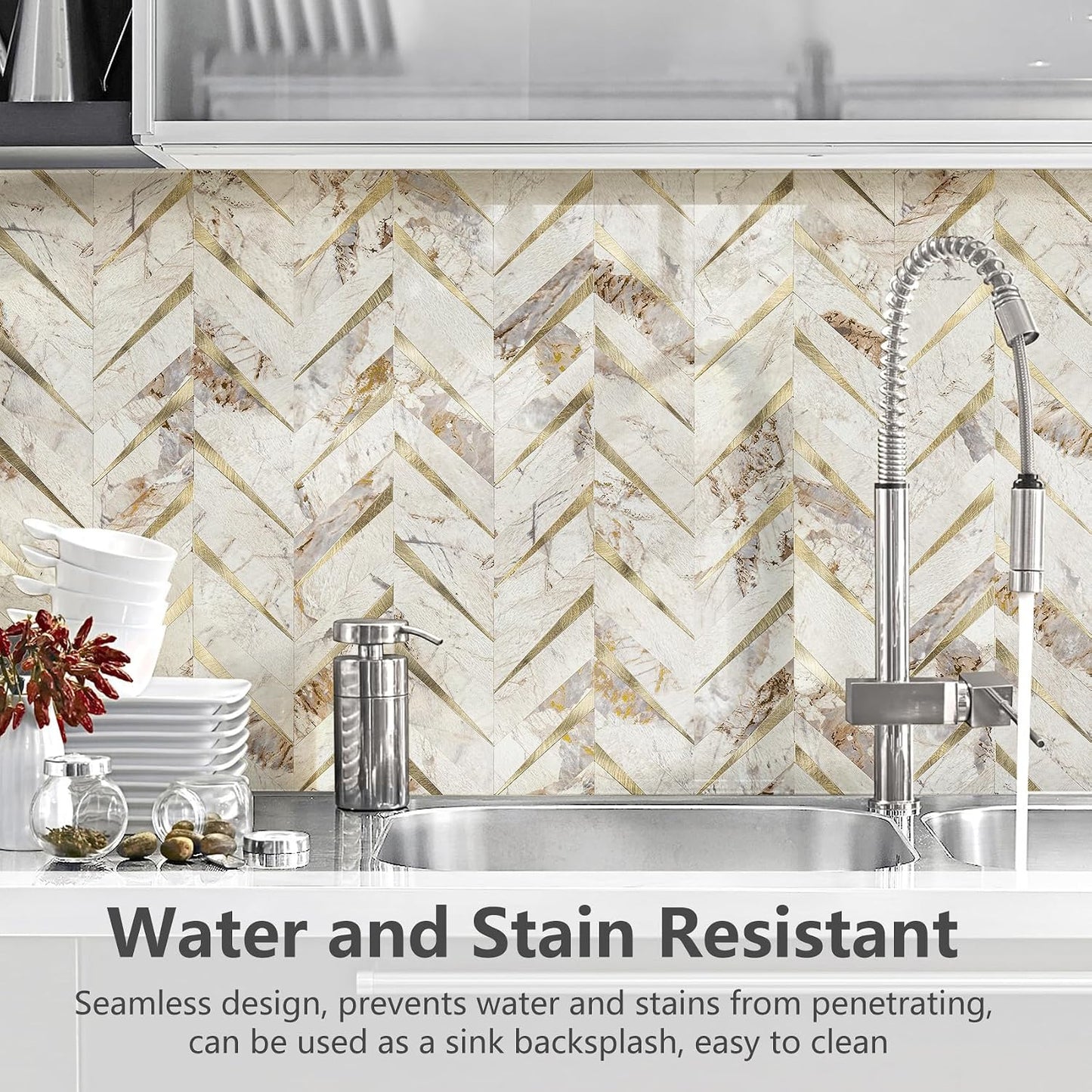 STICKGOO 10-Sheet Herringbone Tile Peel and Stick Backsplash, Beige Mixed Metal Gold PVC Stick on Backsplash, Self Adhesive Wall Tile for Kitchen and Bathroom