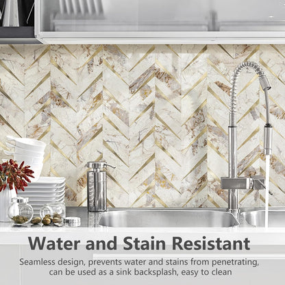 STICKGOO 10-Sheet Herringbone Tile Peel and Stick Backsplash, Beige Mixed Metal Gold PVC Stick on Backsplash, Self Adhesive Wall Tile for Kitchen and Bathroom