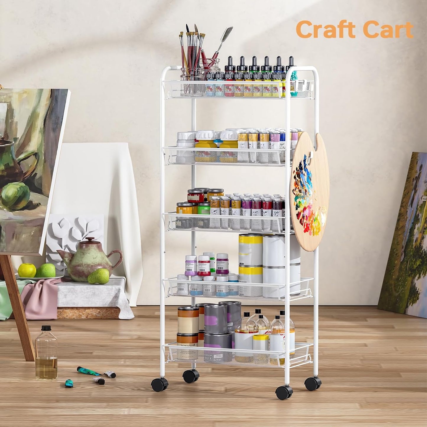 TOOLF 3-Tier Metal Rolling Cart, Mesh Wire Easy Assemble Utility Cart, Storage Trolley on Wheels with 3 Hooks, MetalStorage Shelving Units for Kitchen Bathroom Laundry Room