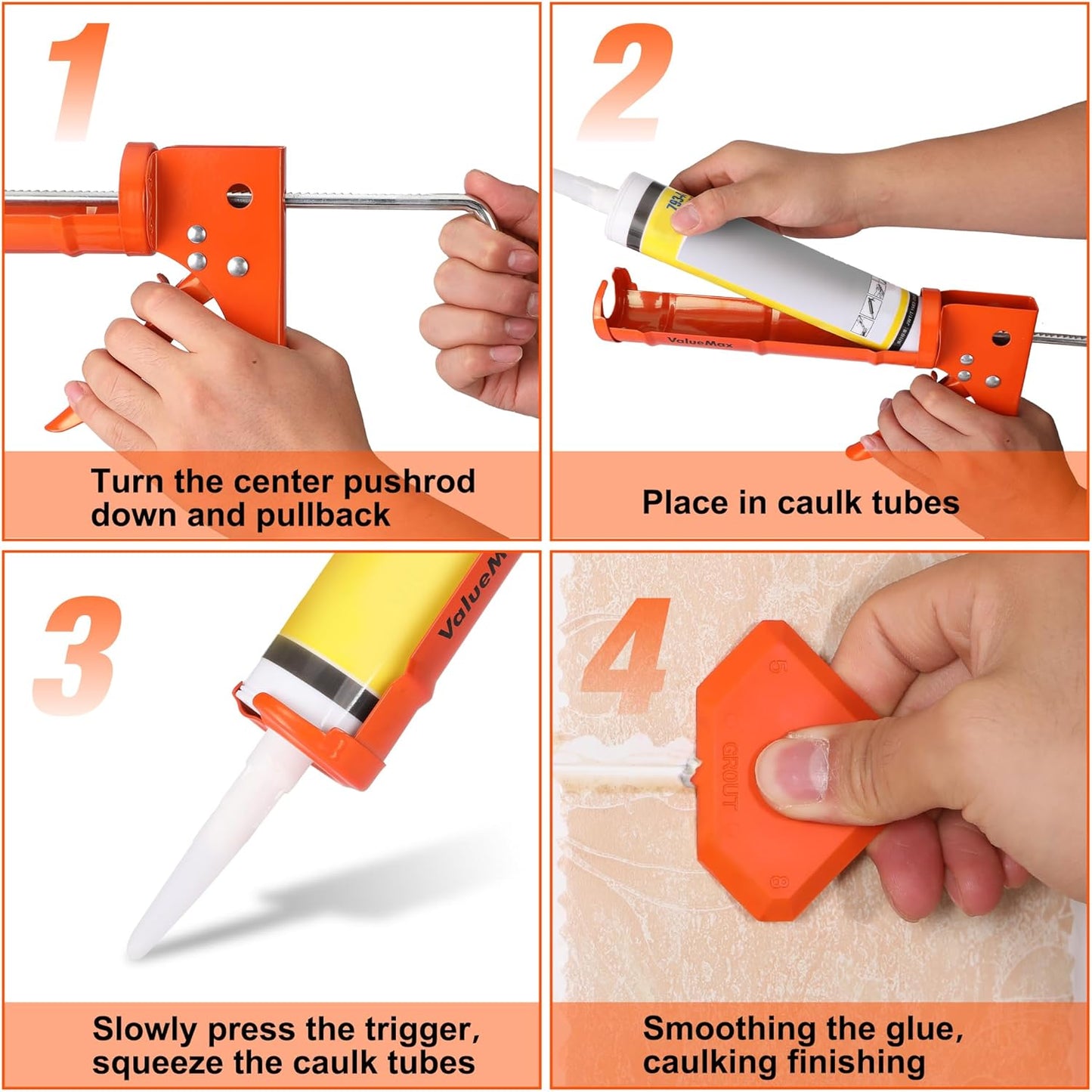 ValueMax Caulk Gun and Caulk Scraper Kit, 10OZ Smooth Silicone Caulking Gun with Caulk Remover Tool, 10:1 Thrust Ratio, Sealant Finishing Tool Grout Scraper for Caulking/Filling/Sealing