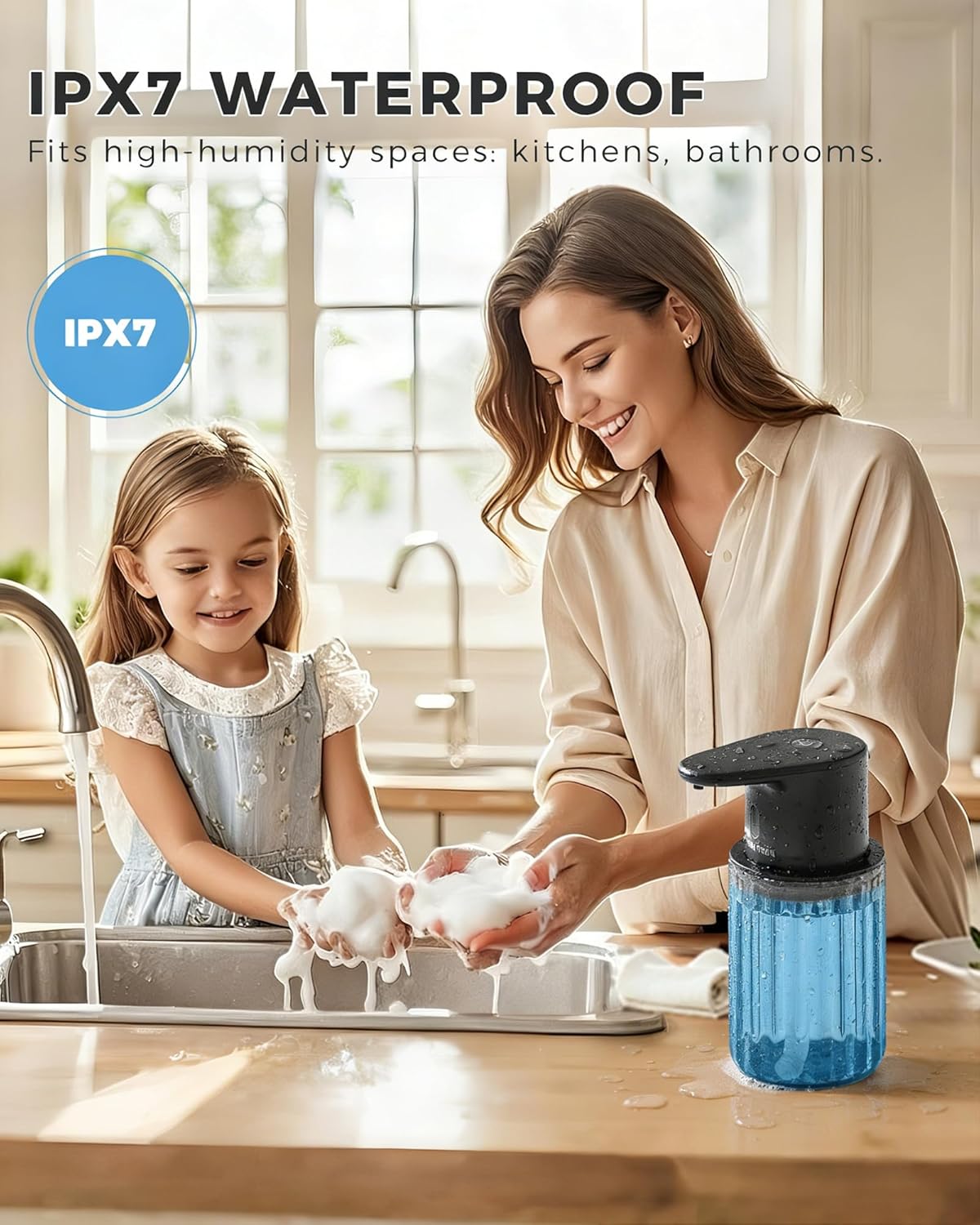 Automatic Foaming Soap Dispenser Touchless, 3 Adjustable Liquid Levels, 10oz/300ml Rechargeable, IPX7 Waterproof for Bathroom, Kitchen, Black