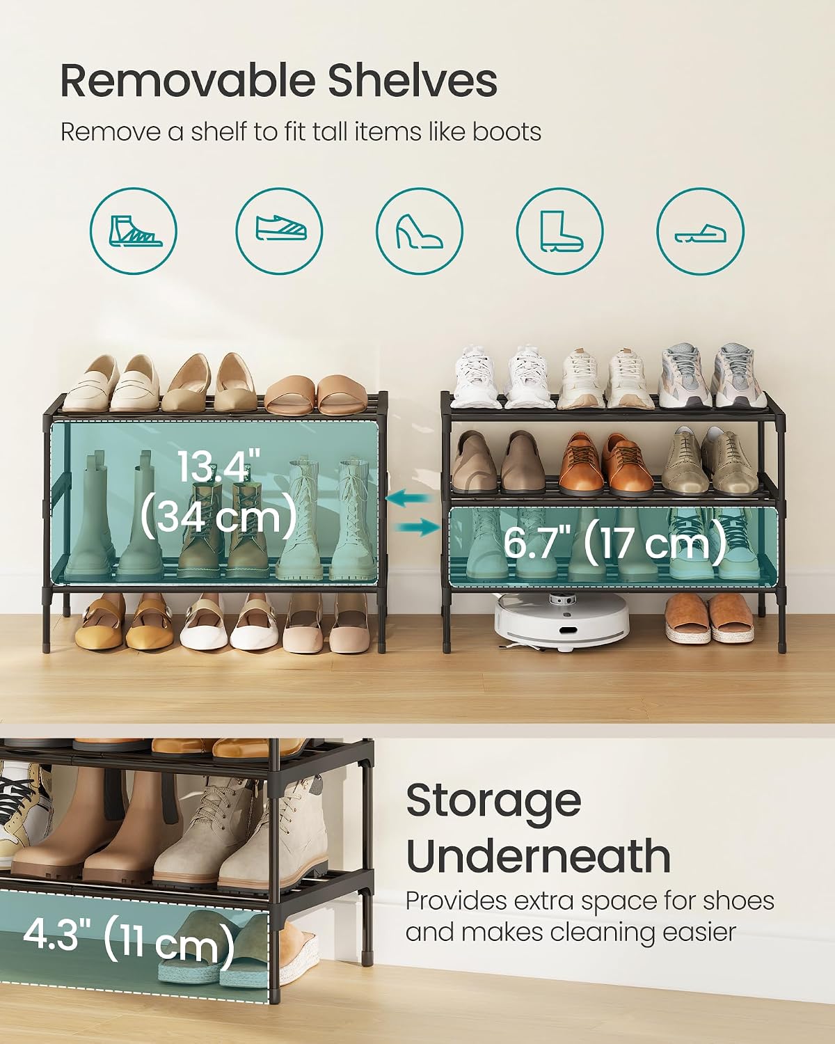SONGMICS 2-Tier Shoe Rack for Closet, Compact Metal Shoe Organizer Shelf for Entryway, Bedroom, Small Spaces, Stackable, 11.8 x 24.5 x 12.2 Inches, Black ULSA122BH01