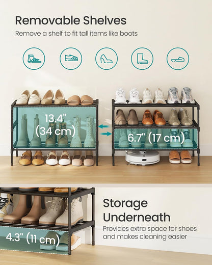 SONGMICS 2-Tier Shoe Rack for Closet, Compact Metal Shoe Organizer Shelf for Entryway, Bedroom, Small Spaces, Stackable, 11.8 x 24.5 x 12.2 Inches, Black ULSA122BH01