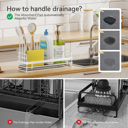 Yofidra Sponge Holder for Kitchen Sink, Sink Caddy Organizer with Stone Drying Mat, Kitchen Countertop Organizers and Storage Essentials, 304 Stainless Steel (Black, 9.3″)