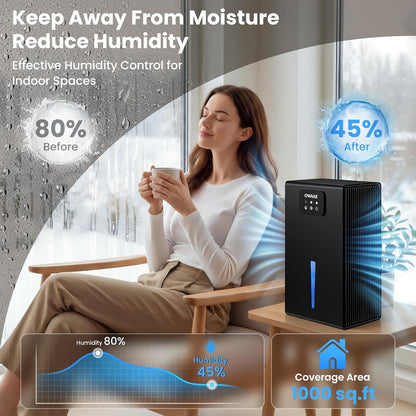 Dehumidifier, 1000 sq.ft Quiet Dehumidifiers for Home Bedroom Basement Bathroom with 95oz Water Tank, Sleep Mode, Auto Shut-Off 7 Colors LED Light, Black