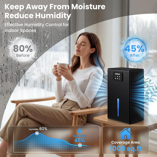 Dehumidifier, 1000 sq.ft Quiet Dehumidifiers for Home Bedroom Basement Bathroom with 95oz Water Tank, Sleep Mode, Auto Shut-Off 7 Colors LED Light, Black