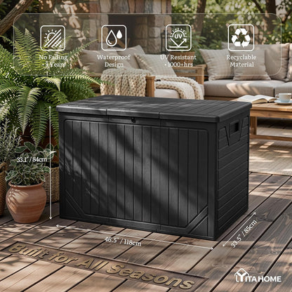 YITAHOME 100 Gallon Large Outdoor Deck Box | Waterproof Resin Storage Box, Lockable Indoor Outdoor Storage Container for Patio Furniture Cushions, Pool Accessories