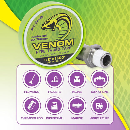 Venom Pro-Grade PTFE Thread Tape, 1/2" x 520" Roll – Professional-Grade, 99.9% Pure, 2X Thicker, No Dyes, UL-Approved for Plumbing, Potable Water, Food Grade, and Oxygen Systems