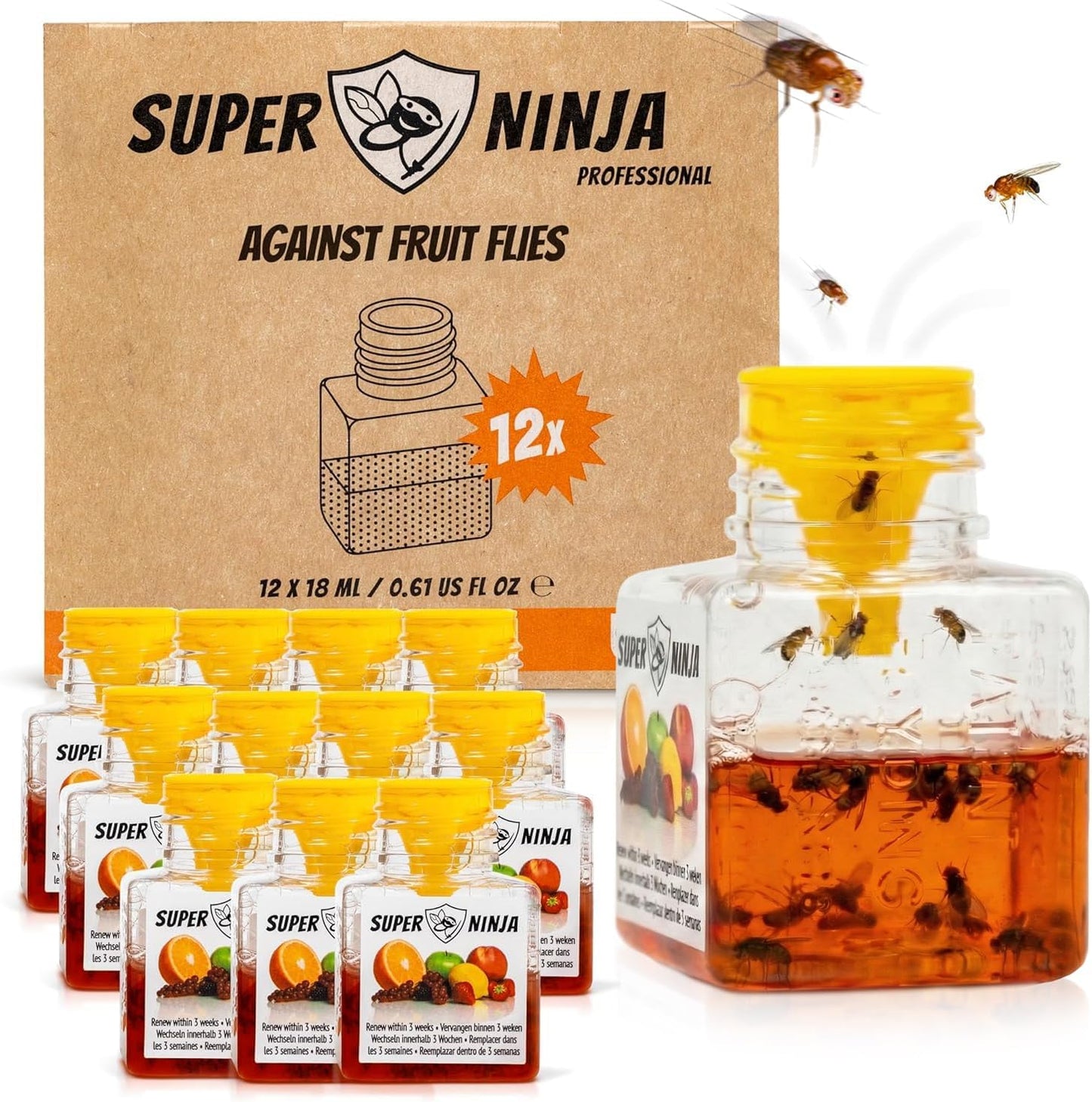 Super Ninja Fruit Fly Traps for Indoors - 4 Pack, Highly Effective Fruit Fly Catcher for Indoor Use for Home & Kitchen, Up to 3 Weeks of Performance per Bottle, Kid & Pet Friendly
