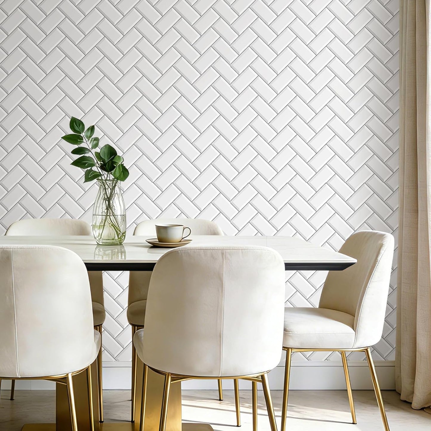 FunStick White Kitchen Wallpaper Peel and Stick Waterproof Herringbone Backsplash Wall Paper for Kitchen Bathroom Tile Wallpaper Removable White Contact Paper Peel and Stick for Cabinets 17.5"x118"