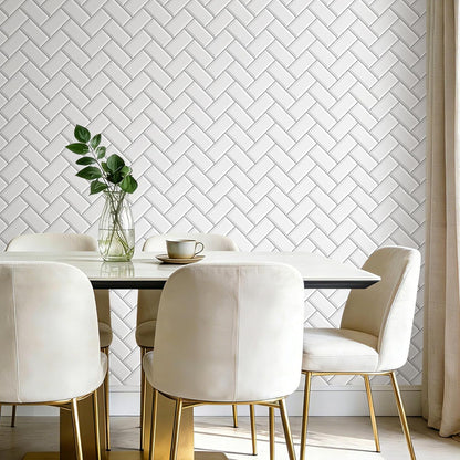 FunStick White Kitchen Wallpaper Peel and Stick Waterproof Herringbone Backsplash Wall Paper for Kitchen Bathroom Tile Wallpaper Removable White Contact Paper Peel and Stick for Cabinets 17.5"x118"