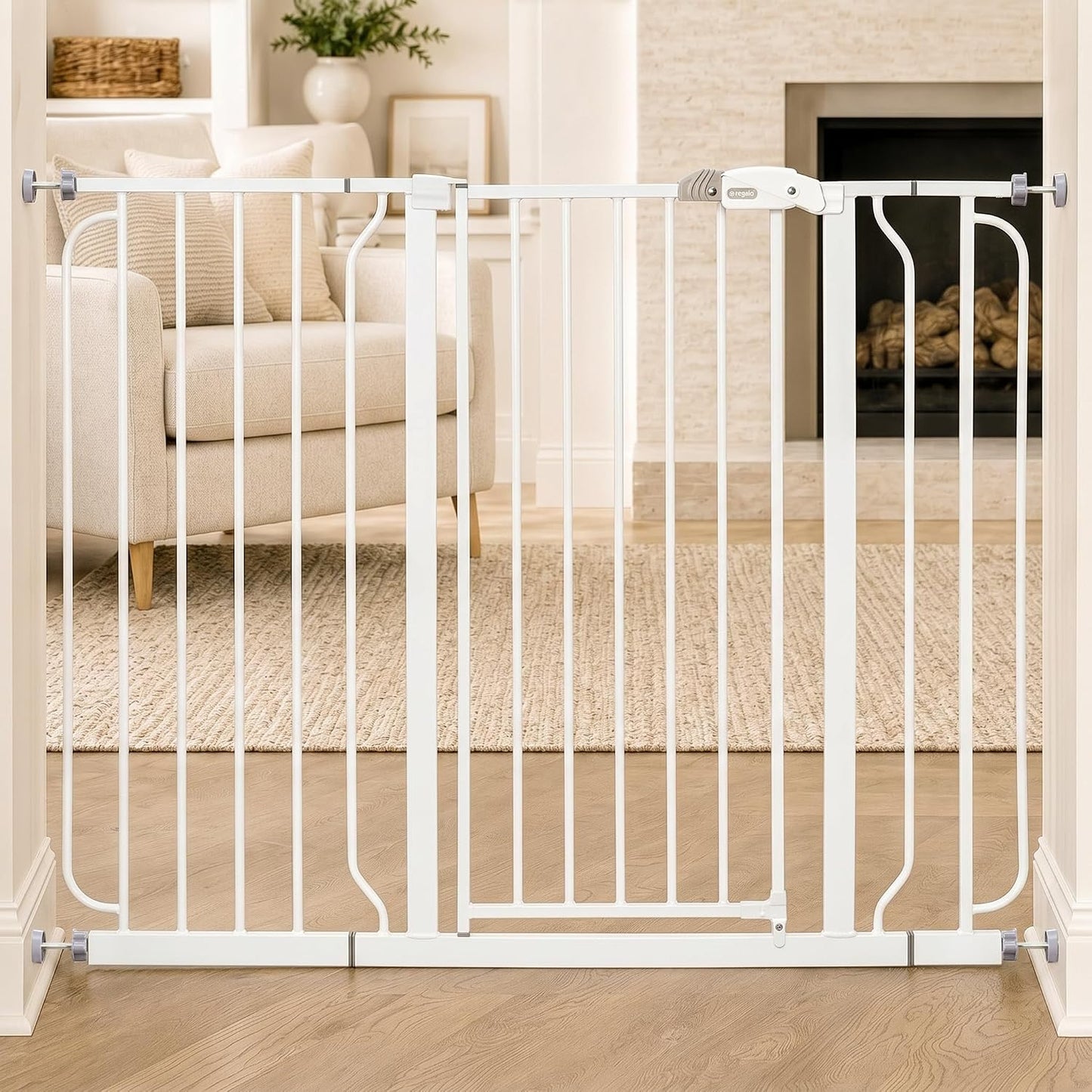 Regalo Safety 29-38.5" Baby Gate for Doorways & Bottom of Stairs, Pressure Mounted Baby Gate with Door for Babies, Toddlers & Pets, Tested & Safe for 30 Years, American Designed, American Owned, White