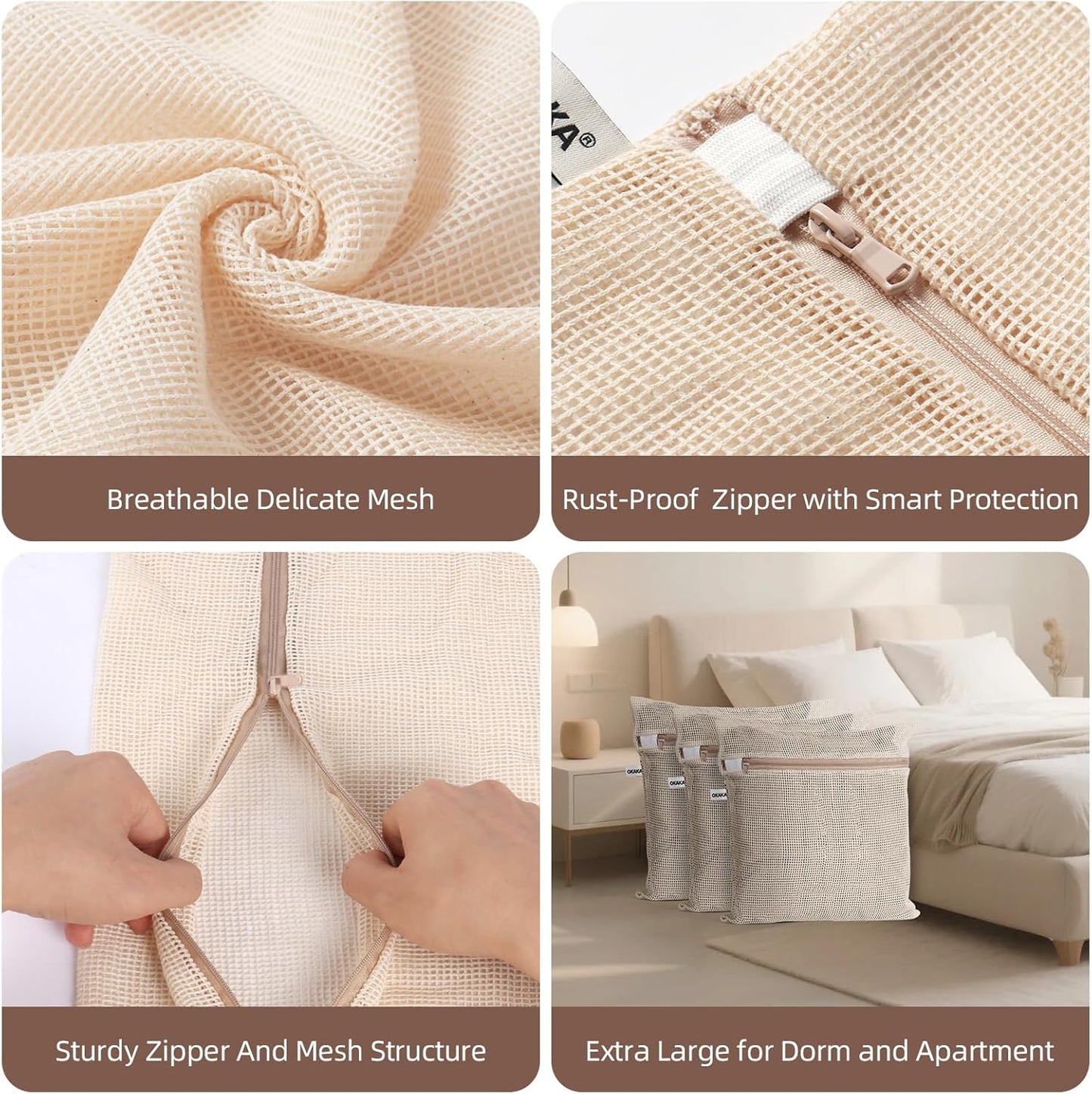 100% Cotton Mesh Laundry Bags, Premium Soft, No Dye, Set of 4, Natural