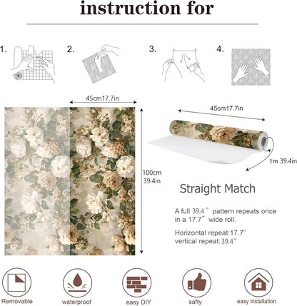 Peel and Stick Wallpaper, Soft Wildflower Botanical Contact Paper, PVC Vinyl Removable Wall Covering, Waterproof Easy-Clean, No Residue Renter Friendly, Neutral Decor, 39.4x17.3 in (Flowers2)