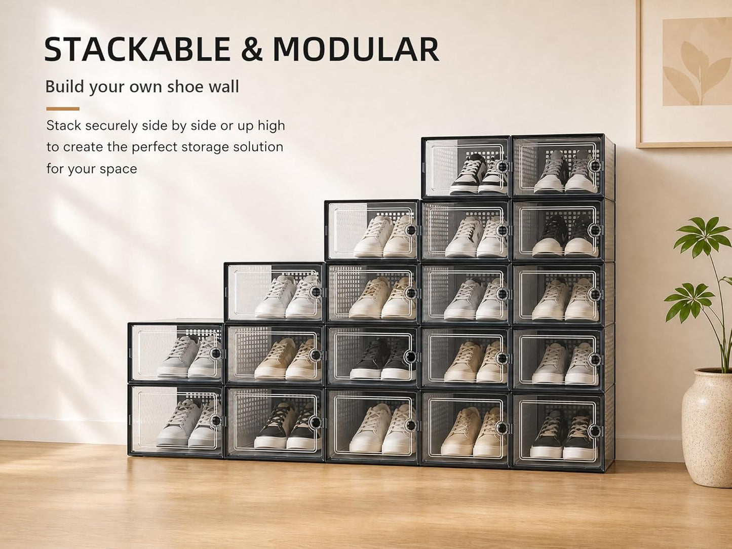 Kuject X-Large Shoe Storage Boxes Organizers for Closet 12 Pack, Fit Size 11,Clear Plastic Stackable Sneaker Containers for Entryway, Space Saving Shoe Rack, Brown