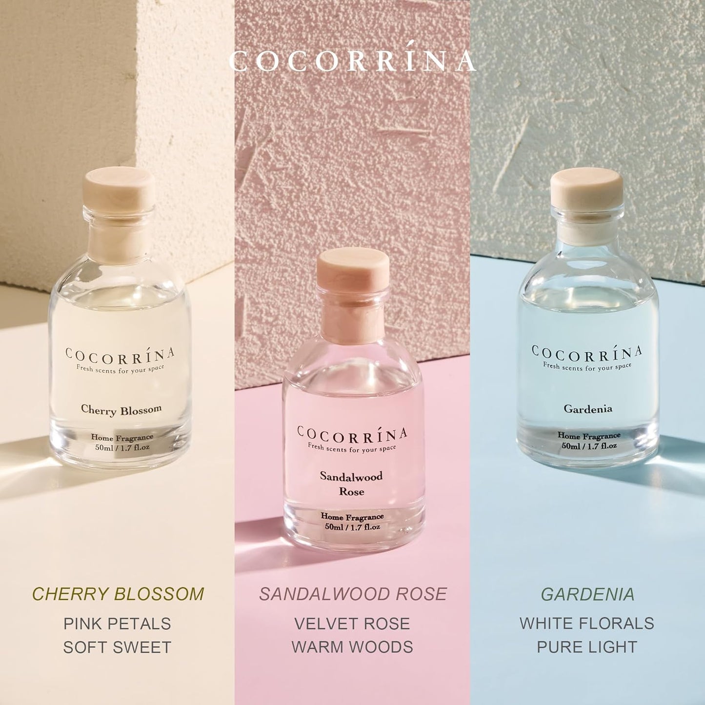 COCORRÍNA Eucalyptus Reed Diffuser Set of 3 - Eucalyptus & Moss, Clean Linen, Ocean Mist Scents, 1.7 fl oz Each, Total 5.1 oz, Scented Oil Diffusers for Home & Office