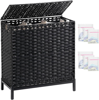 SETVSON Laundry Hamper with Lid 132 L, (35 Gallons) Clothes Hamper with Lid, Handwoven Rattan Laundry Hamper with Metal Heightened Feet, Laundry Hampers with 3 Removable Liner Bags for Laundry-Natural